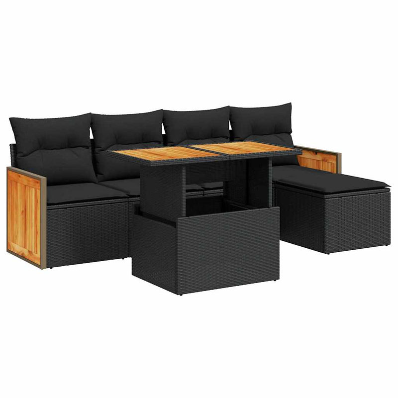 6 Piece Garden Sofa Set with Cushions Black Poly Rattan Acacia Payday Deals