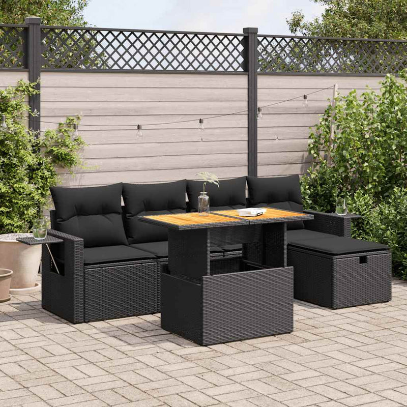 6 Piece Garden Sofa Set with Cushions Black Poly Rattan Acacia Payday Deals