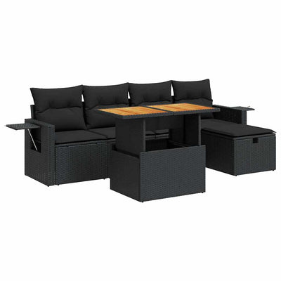 6 Piece Garden Sofa Set with Cushions Black Poly Rattan Acacia Payday Deals