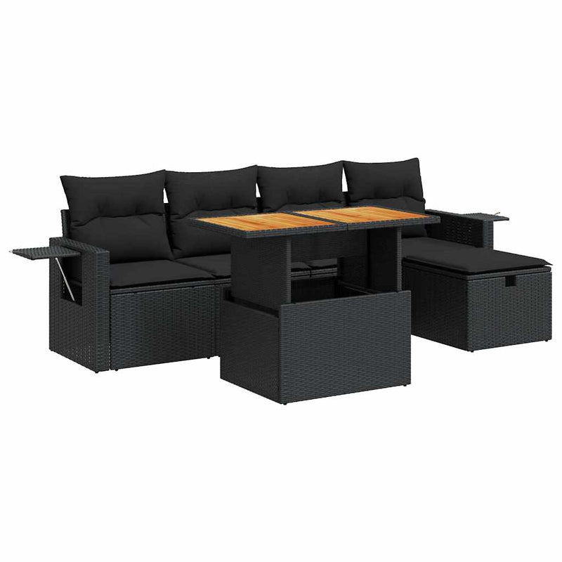 6 Piece Garden Sofa Set with Cushions Black Poly Rattan Acacia Payday Deals