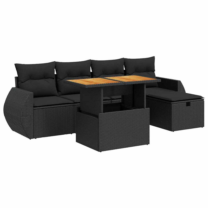 6 Piece Garden Sofa Set with Cushions Black Poly Rattan Acacia Payday Deals