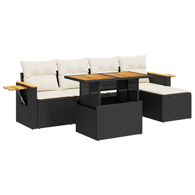 6 Piece Garden Sofa Set with Cushions Black Poly Rattan Acacia Payday Deals