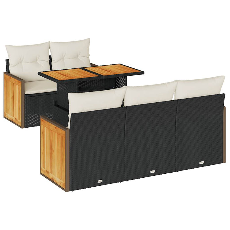 6 Piece Garden Sofa Set with Cushions Black Poly Rattan Acacia Payday Deals