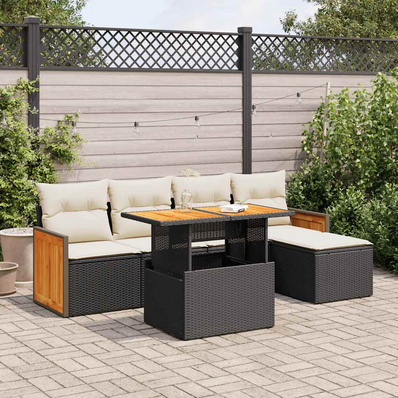 6 Piece Garden Sofa Set with Cushions Black Poly Rattan Acacia Payday Deals