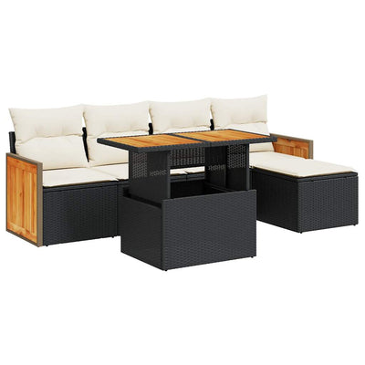 6 Piece Garden Sofa Set with Cushions Black Poly Rattan Acacia Payday Deals