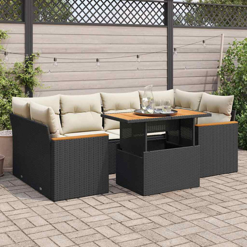 6 Piece Garden Sofa Set with Cushions Black Poly Rattan Acacia Payday Deals