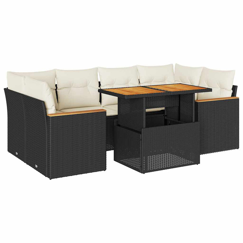 6 Piece Garden Sofa Set with Cushions Black Poly Rattan Acacia Payday Deals