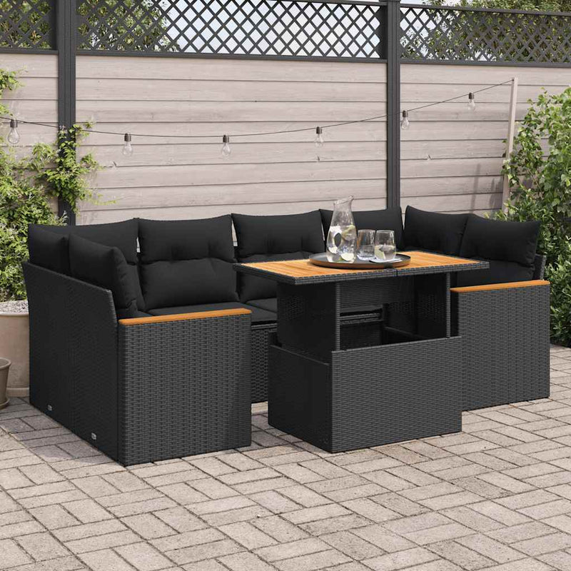 6 Piece Garden Sofa Set with Cushions Black Poly Rattan Acacia Payday Deals