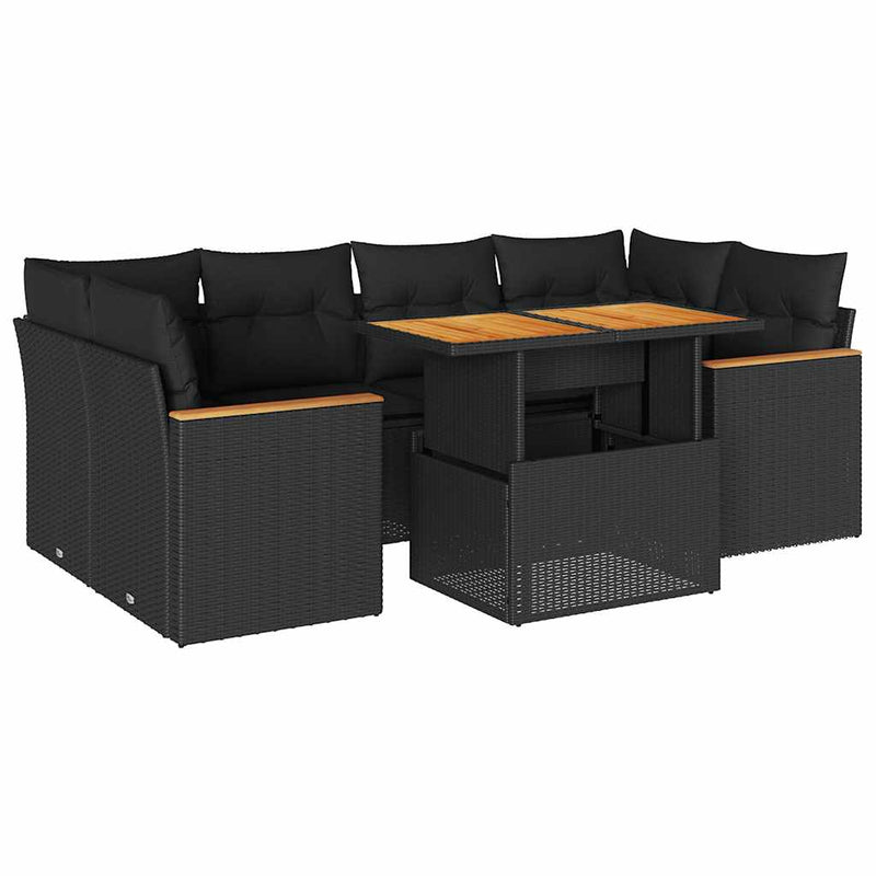 6 Piece Garden Sofa Set with Cushions Black Poly Rattan Acacia Payday Deals