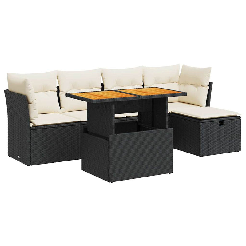 6 Piece Garden Sofa Set with Cushions Black Poly Rattan Acacia Payday Deals