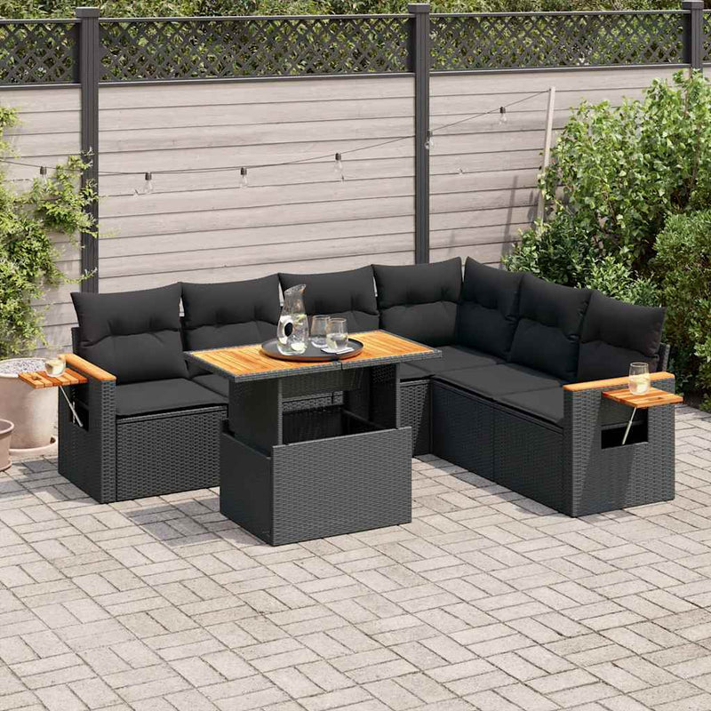 6 Piece Garden Sofa Set with Cushions Black Poly Rattan Acacia Payday Deals