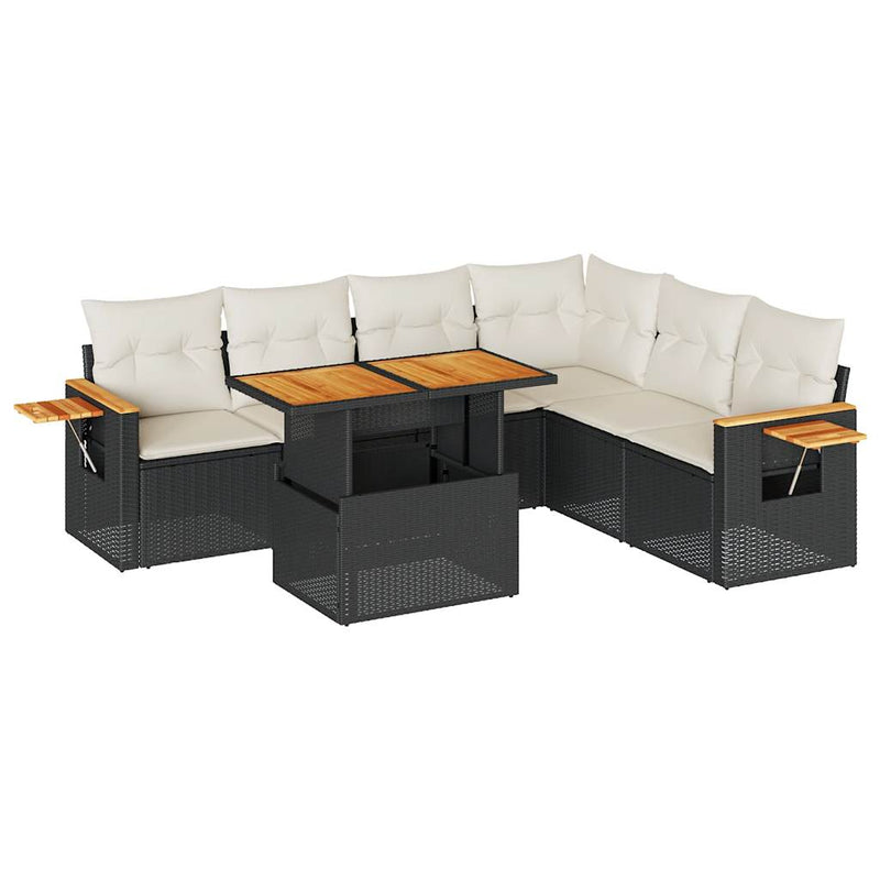 6 Piece Garden Sofa Set with Cushions Black Poly Rattan Acacia Payday Deals