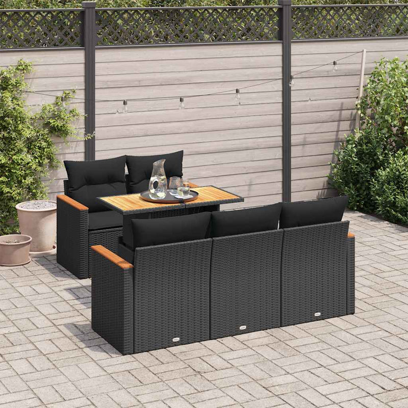 6 Piece Garden Sofa Set with Cushions Black Poly Rattan Acacia Payday Deals