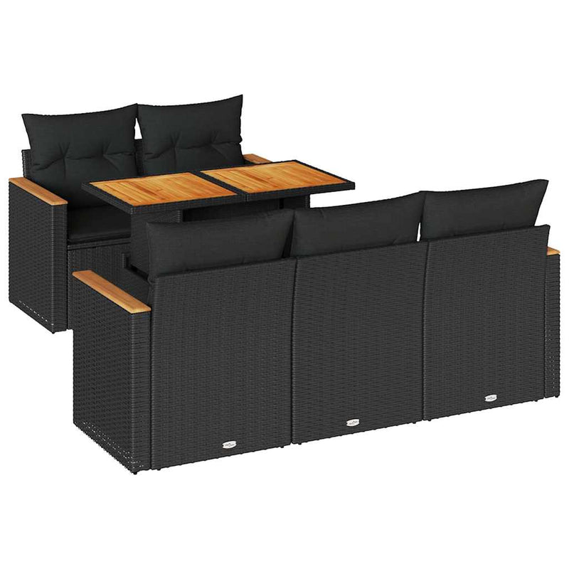 6 Piece Garden Sofa Set with Cushions Black Poly Rattan Acacia Payday Deals