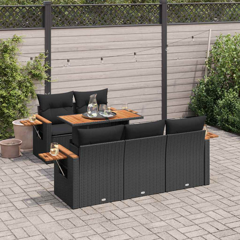 6 Piece Garden Sofa Set with Cushions Black Poly Rattan Acacia Payday Deals