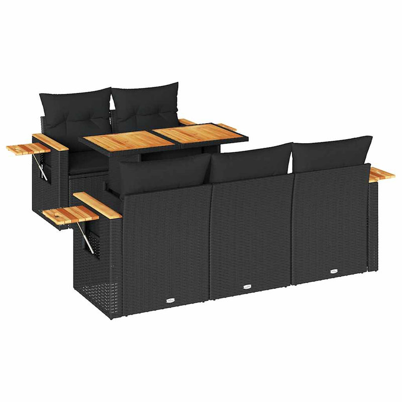 6 Piece Garden Sofa Set with Cushions Black Poly Rattan Acacia Payday Deals