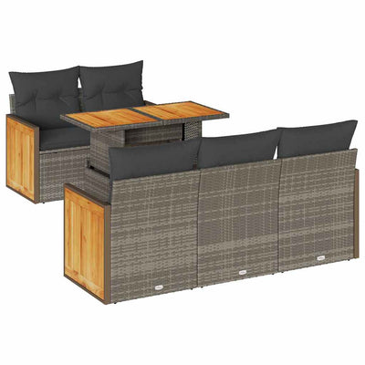 6 Piece Garden Sofa Set with Cushions Grey Poly Rattan Acacia Payday Deals