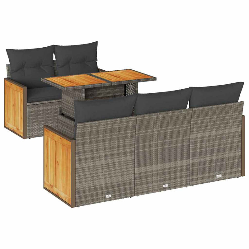 6 Piece Garden Sofa Set with Cushions Grey Poly Rattan Acacia Payday Deals