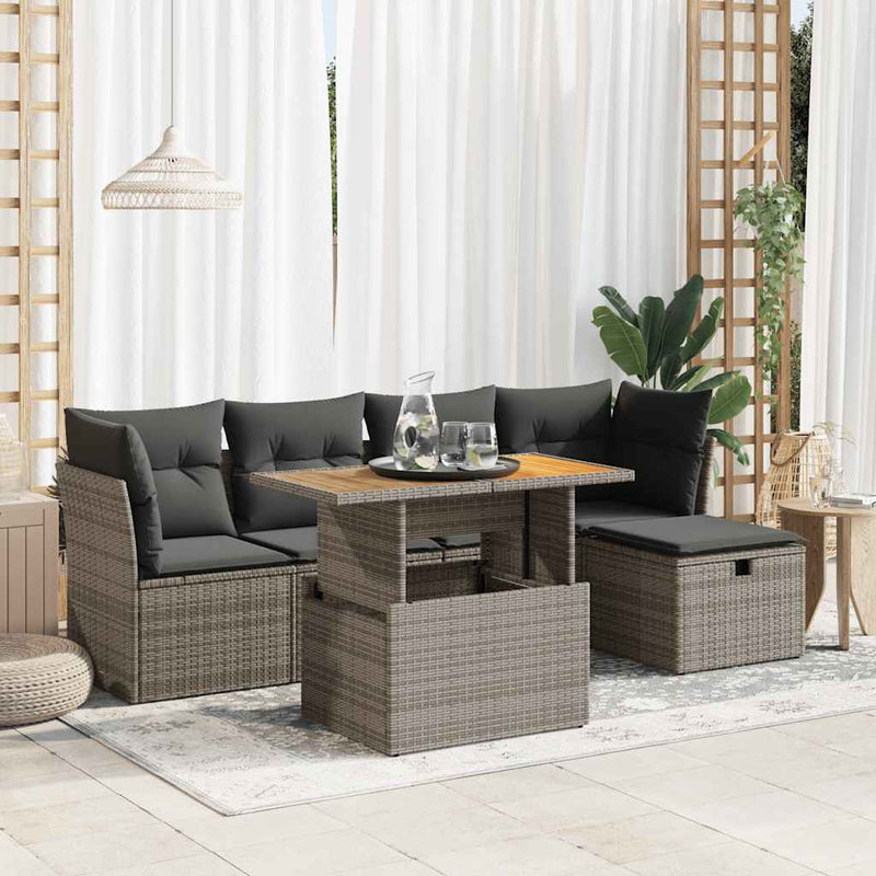 6 Piece Garden Sofa Set with Cushions Grey Poly Rattan Acacia Payday Deals