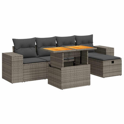 6 Piece Garden Sofa Set with Cushions Grey Poly Rattan Acacia Payday Deals