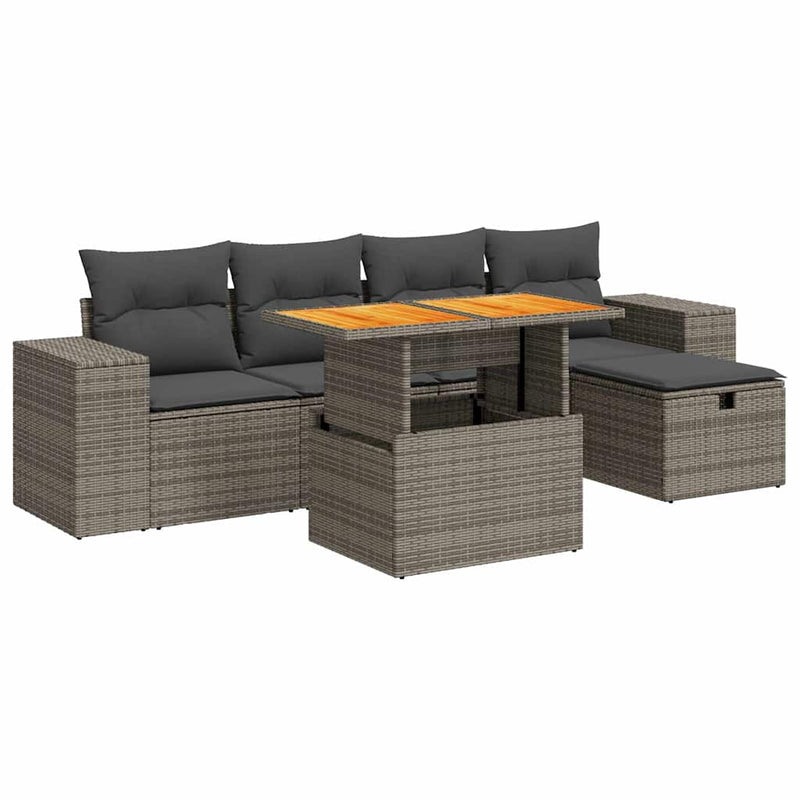 6 Piece Garden Sofa Set with Cushions Grey Poly Rattan Acacia Payday Deals