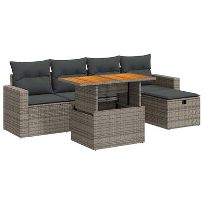 6 Piece Garden Sofa Set with Cushions Grey Poly Rattan Acacia Payday Deals