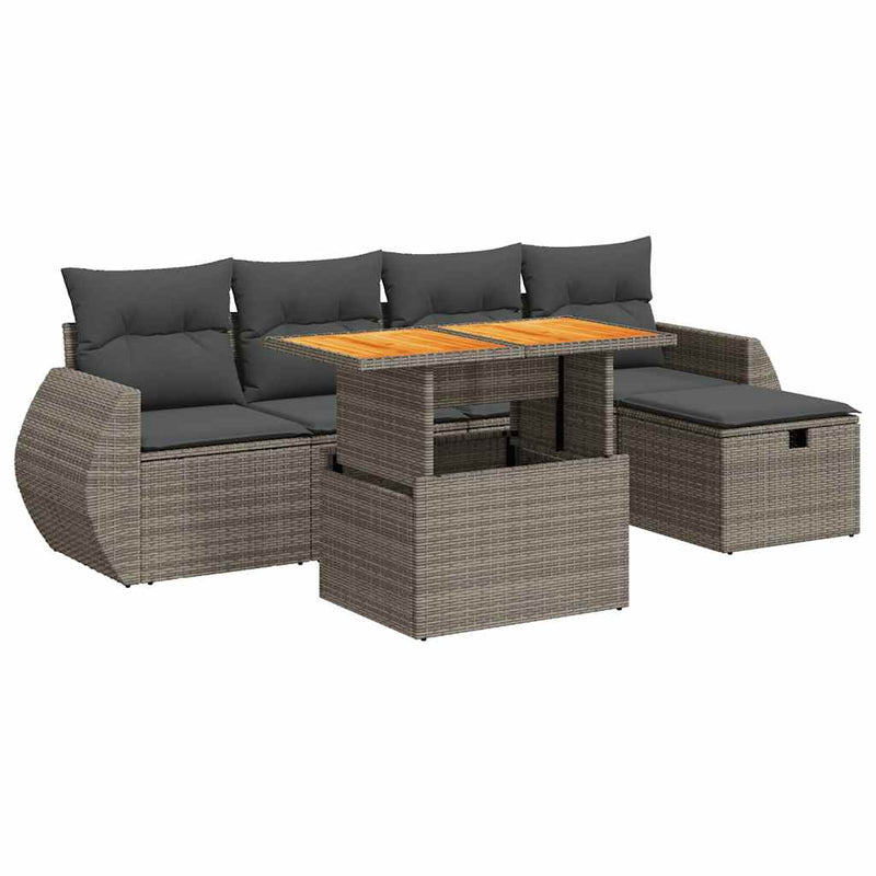 6 Piece Garden Sofa Set with Cushions Grey Poly Rattan Acacia Payday Deals