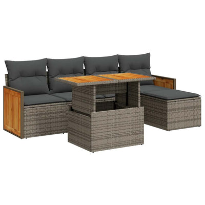 6 Piece Garden Sofa Set with Cushions Grey Poly Rattan Acacia Payday Deals
