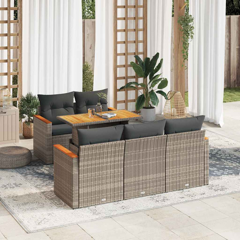 6 Piece Garden Sofa Set with Cushions Grey Poly Rattan Acacia Payday Deals