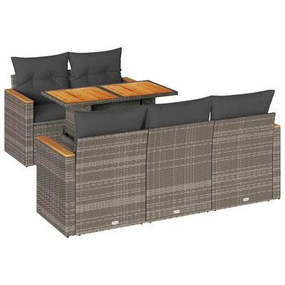 6 Piece Garden Sofa Set with Cushions Grey Poly Rattan Acacia Payday Deals