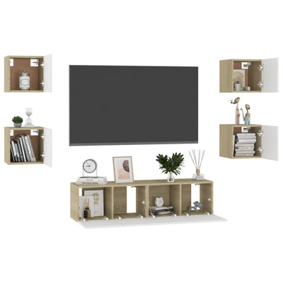 6 Piece TV Cabinet Set White and Sonoma Oak Engineered Wood Payday Deals