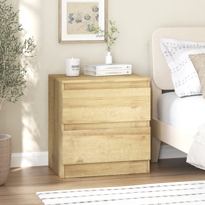 Light Oak Handleless Bedside Table | 2 Drawer Dresser Modern Nightstand