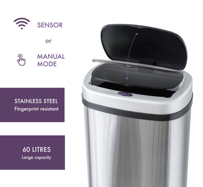 60L Stainless Steel Motion Sensor Rubbish Bin Payday Deals