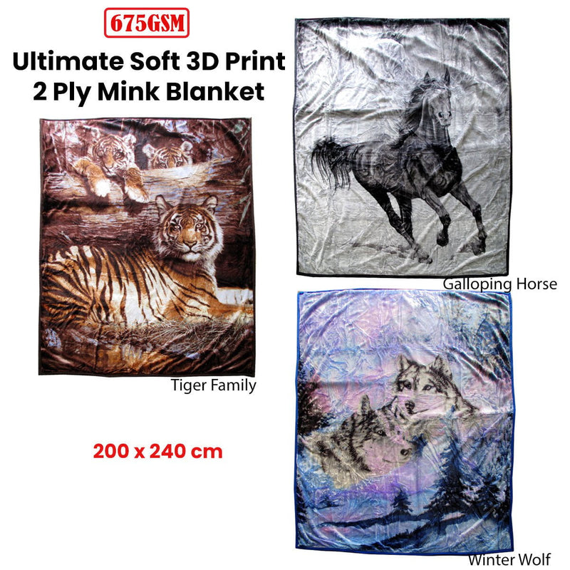 675gsm 2 Ply 3D Print Faux Mink Blanket Queen 200x240 cm Galloping Horse Payday Deals