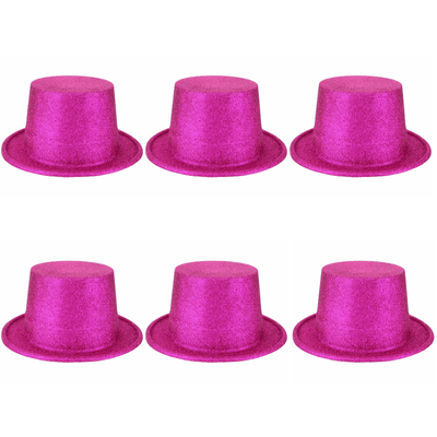 6x Glitter Top Hat Fancy Party Plastic Costume Tall Cap Fun Bulk - Hot Pink