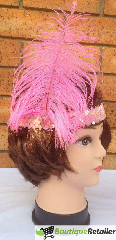 6x 1920s FLAPPER HEADBAND Headpiece Feather Sequin Charleston Costume Party BULK - Light Pink Payday Deals