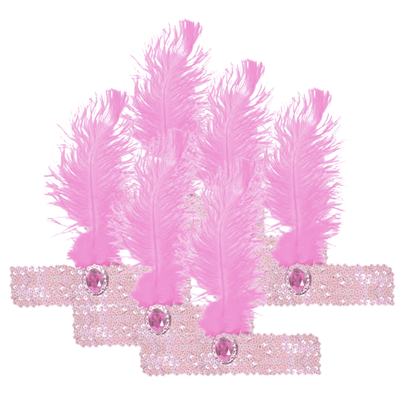 6x 1920s FLAPPER HEADBAND Headpiece Feather Sequin Charleston Costume Party BULK - Light Pink