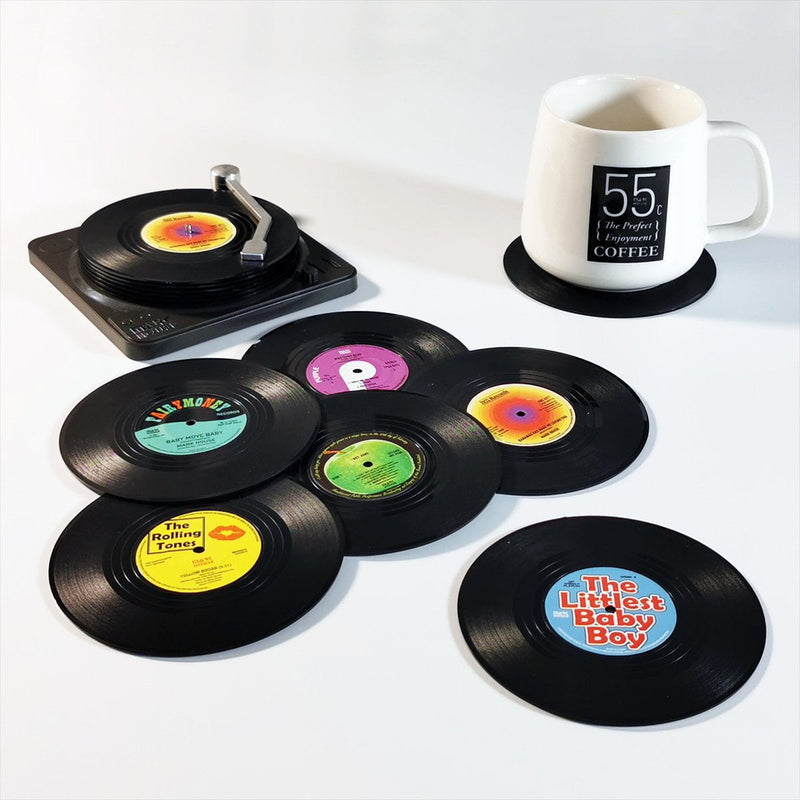 6x Creative Vinyl Record Cup Coasters w Holder Glass Drink Tableware Home Décor, A w/ Record Player Holder Payday Deals