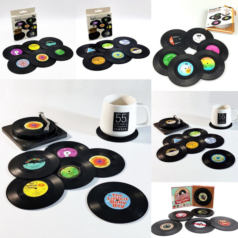 6x Creative Vinyl Record Cup Coasters w Holder Glass Drink Tableware Home Décor, A w/ Record Player Holder Payday Deals