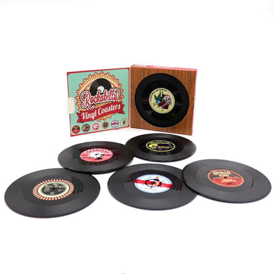 6x Creative Vinyl Record Cup Coasters w Holder Glass Drink Tableware Home Décor, Rockabilly Payday Deals