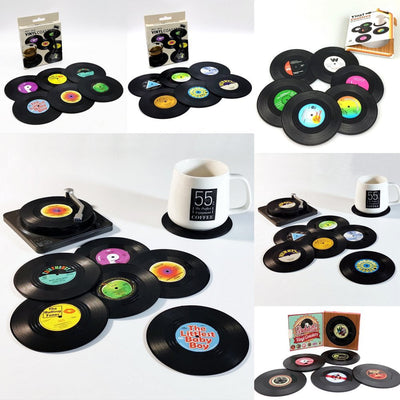 6x Creative Vinyl Record Cup Coasters w Holder Glass Drink Tableware Home Décor, Rockabilly Payday Deals