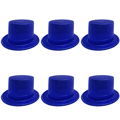 6x Glitter Top Hat Fancy Party Plastic Costume Tall Cap Fun Bulk - Blue