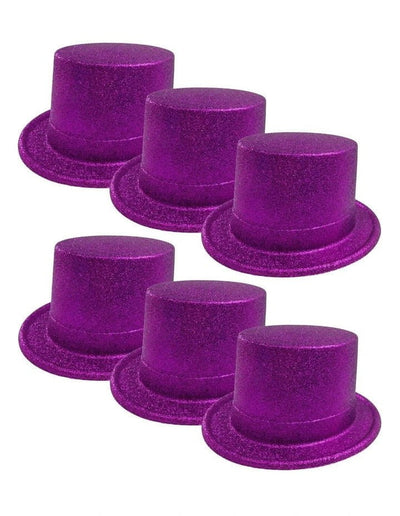 6x GLITTER TOP HAT Fancy Party Plastic Costume Tall Cap Fun Dress Up BULK - Purple - One Size
