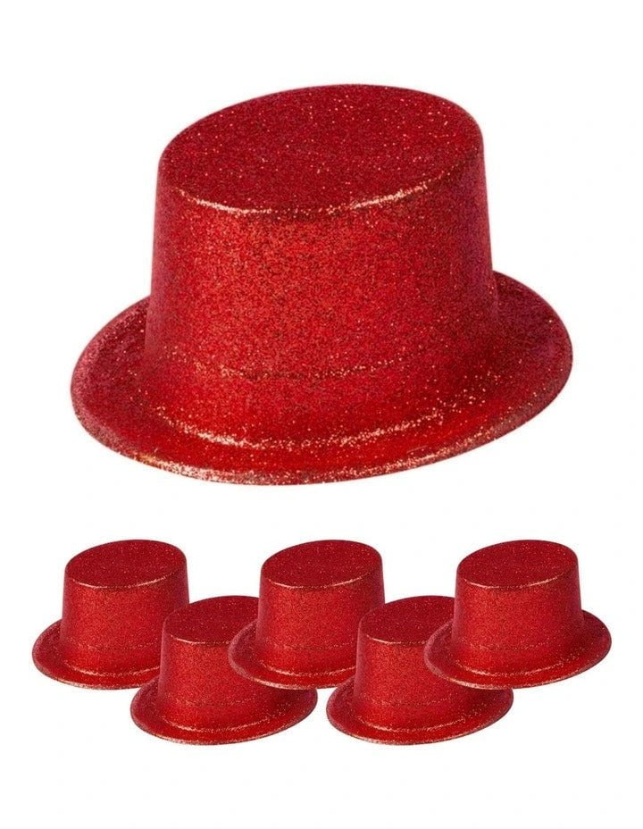 6x GLITTER TOP HAT Fancy Party Plastic Costume Tall Cap Fun Dress Up BULK - Red - One Size Payday Deals