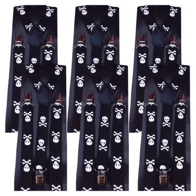 6x Mens Suspenders Braces Adjustable Strong Clip On Elastic Formal Wedding BULK - Black with White Skulls