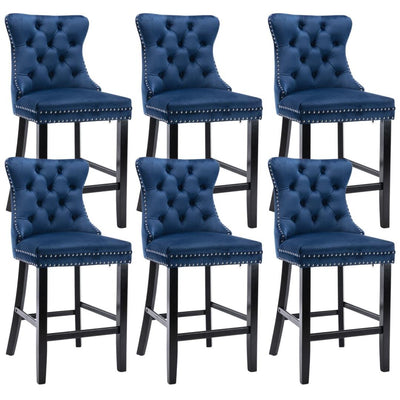 6X Velvet Bar Stools with Studs Trim Wooden Legs Tufted Dining Chairs Kitchen Payday Deals