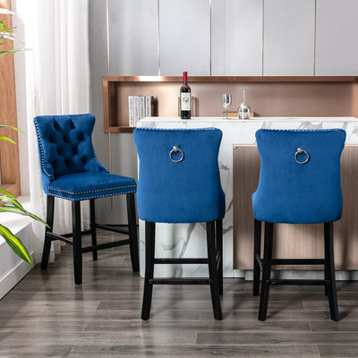 6X Velvet Bar Stools with Studs Trim Wooden Legs Tufted Dining Chairs Kitchen Payday Deals