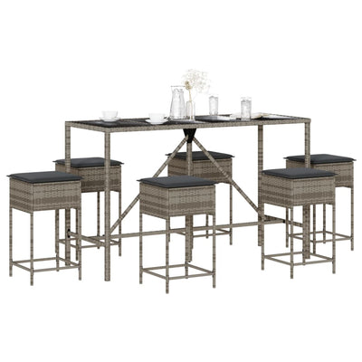 7 Piece Garden Bar Set with Cushions Grey Poly Rattan