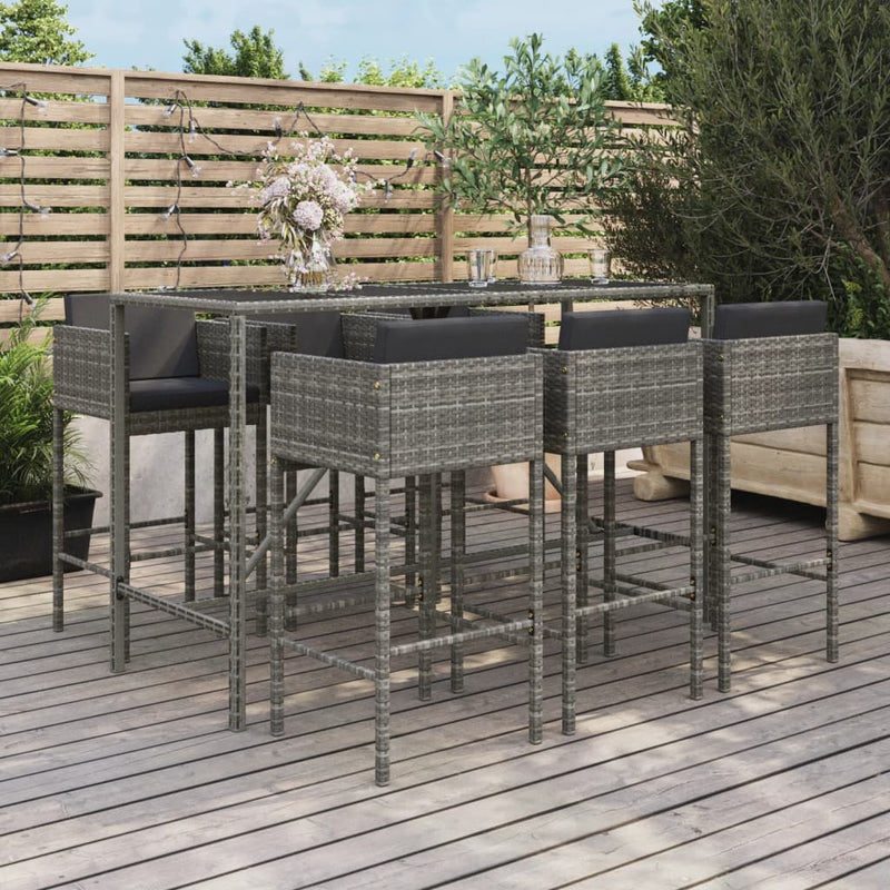 7 Piece Garden Bar Set with Cushions Grey Poly Rattan Payday Deals