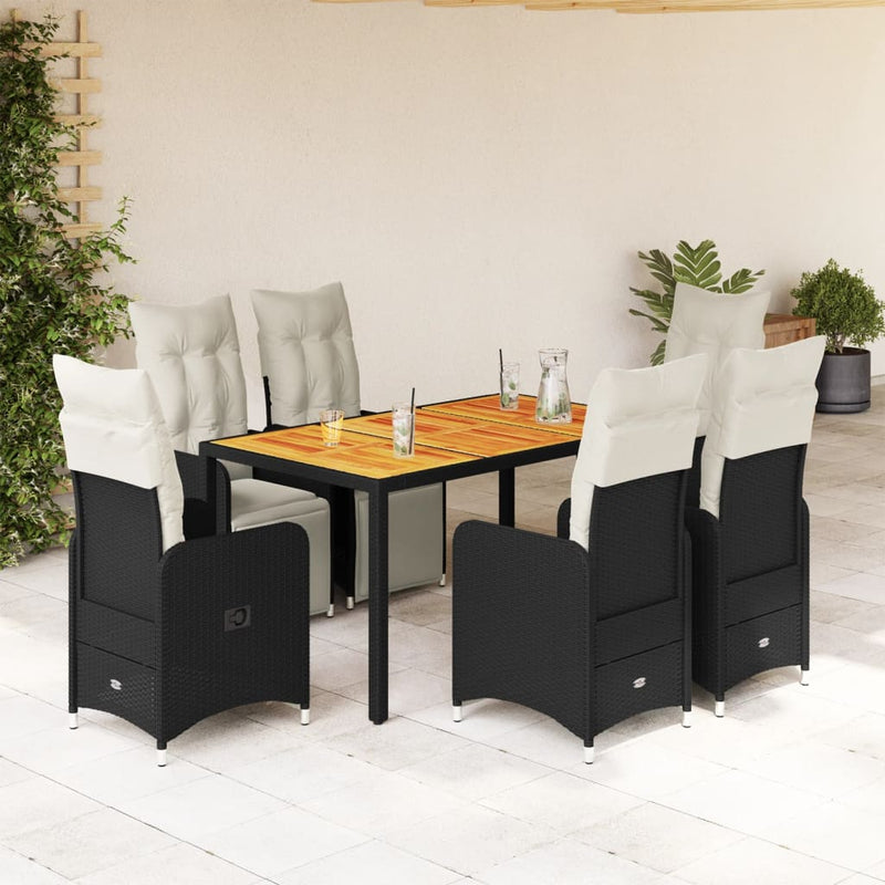 7 Piece Garden Bistro Set with Cushions Black Poly Rattan Payday Deals